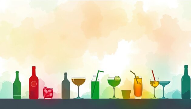 Watercolor wash background featuring subtle alcohol drink silhouettes, ideal for menu bar design,  artwork,  whiskey