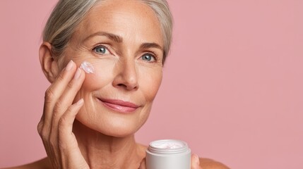 Mature woman gently patting anti aging cream onto wrinkled cheek, soft pink backdrop highlighting healthy skincare routine for older adults