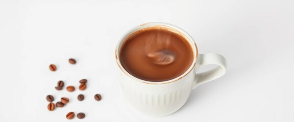 Steaming hot chocolate in a classic coffee mug, isolated on white,  morning,  steam