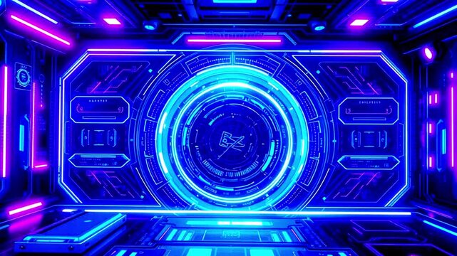 Futuristic Sci-Fi Tunnel with Neon Lights and Digital Interface, 4k video - Powered by Adobe