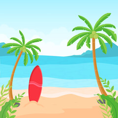 Summer beach with in sunny background and a red surfboard. Hello summer greeting card. Beach vacation banner template.
