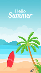 Hello summer greeting card with beach and surfboard background. Beach vacation poster template