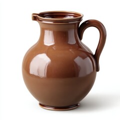 A shiny brown ceramic pitcher with a handle and spout isolated on white background