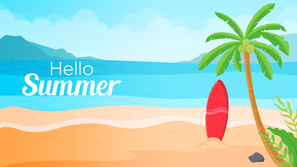 Summer beach background with surfboards and coconut trees. Vector template for banners, posters, and greeting cards. Beautiful seascape flat design.