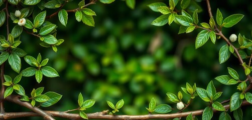Obraz premium Rustic green branch corner frame, natural texture, spring foliage, closeup, flatlay