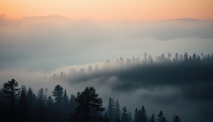 Retro-Toned Misty Pine Forest Scene with Atmospheric Haze - Ready-to-Use Travel Poster and Mood Board Background Generative AI