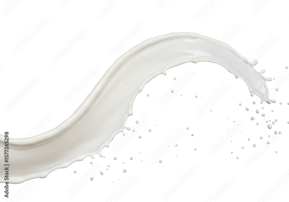 Poster transparent milk forms a dynamic fluid splash with a graceful arc and scattering droplets, captured 