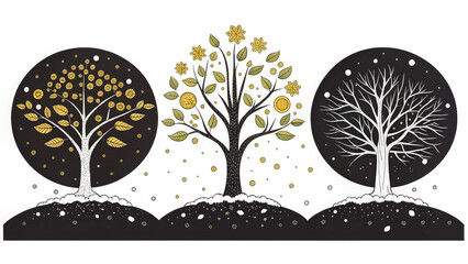 Stylized illustration of three trees representing seasonal changes tree with golden leaves, tree with flowers and leaves, and bare tree in winter