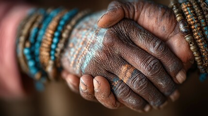 Fototapeta premium Hands exchanging a firm handshake adorned with colorful bracelets in a cultural setting during daylight hours