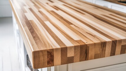 Closeup shot of a butcher block kitchen countertop with unique pattern