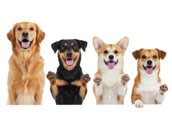 Four adorable dogs: Golden Retriever, black & tan mixed, Pembroke Welsh Corgi, & small mixed breed, perfectly posed with front paws raised against invisible surface, happy, tongues out, white studio