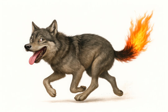 The wolf with the fiery tail runs away with a frightened expression.