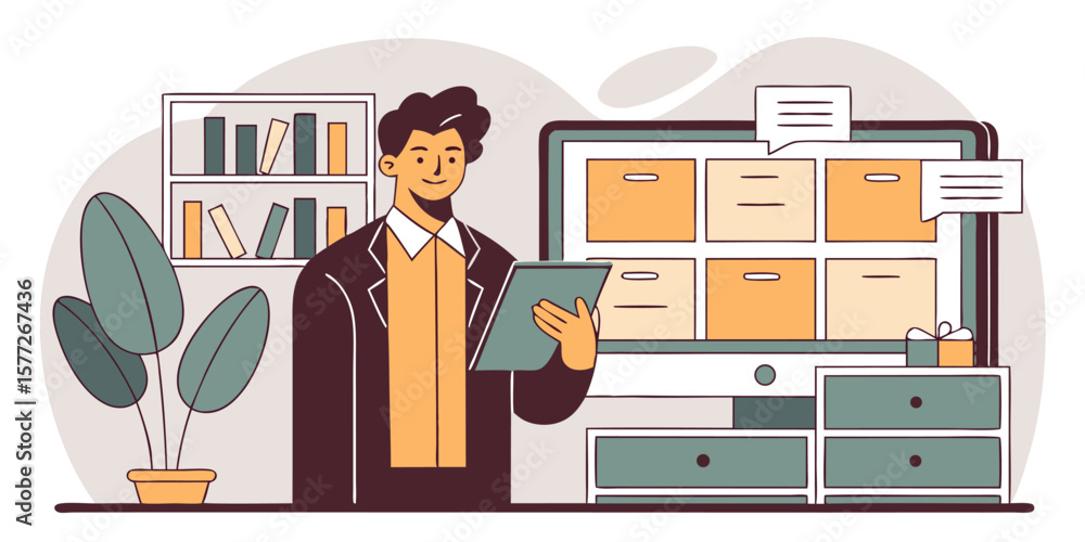 Poster man with tablet in office computer bookshelf