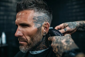 A tattooed man getting a haircut in a barbershop