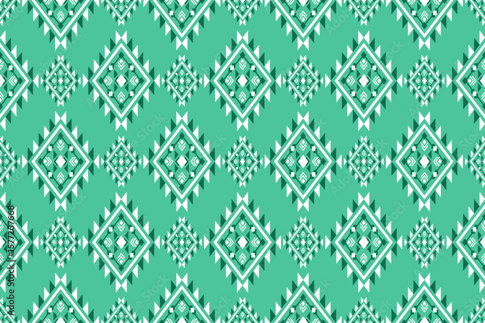 Poster seamless geometric pattern with white and green diamonds and triangles on a solid teal background re