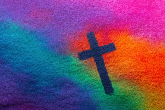 Rainbow-hued tapestry with bold cross, exploring spirituality and diversity, evoking Easter wonder and Holi vibrancy