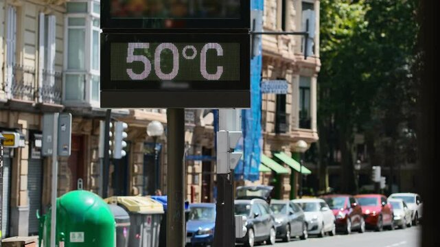 Street thermometer in Bilbao showing extreme 50 degrees Celsius heat in summer