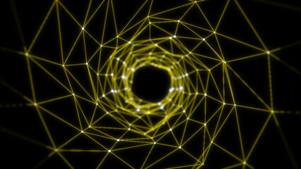 Abstract Yellow Plexus Network Tunnel: Digital Data Visualization and Neural Network Connection for Futuristic Designs and Innovative Technology