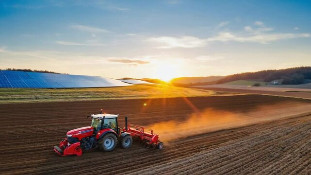 Tractor in a field with solar panels.