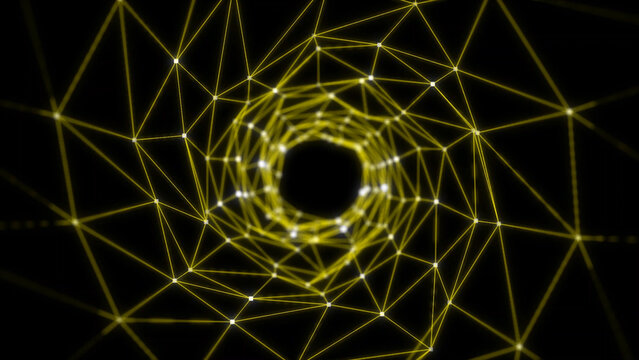 Abstract Yellow Plexus Network Tunnel: Digital Data Visualization and Neural Network Connection for Futuristic Designs and Innovative Technology