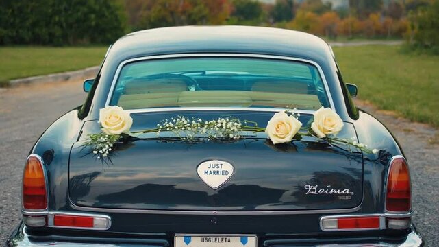 Cars with flowers from newlyweds.