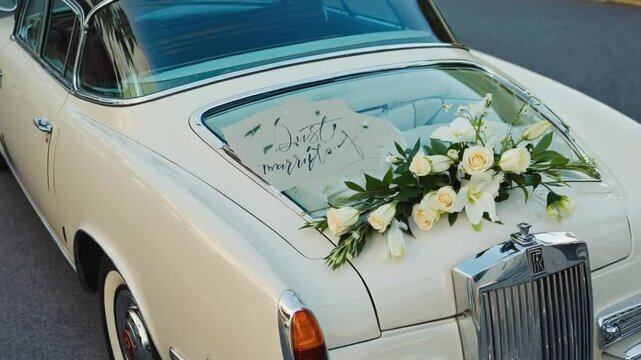 Cars with flowers from newlyweds.