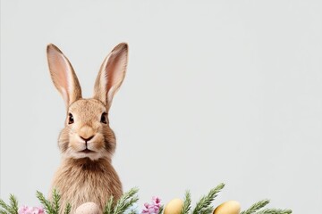 Playful rabbit peeks over evergreens with pastel eggs, echoing Ostara festivities and whimsical springtime renewal