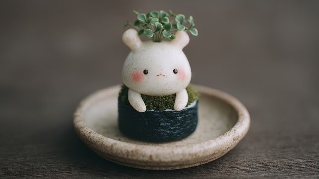 Cute ceramic bunny planter, sprouting tiny greens, celebrates Earth Day whimsy and National Gardening Day creativity, adorable eco-friendly charm