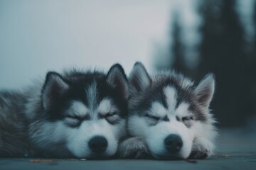 Obraz premium Dreamy husky pups slumber under twilight haze, capturing Lunar New Year whispers, canine serenity, winter solace spirit