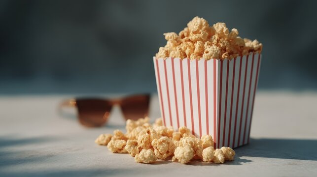 Cinematic popcorn cascade beside shadowed shades, invoking National Popcorn Day festivities and retro summer drive-in nostalgia