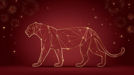 Golden geometric panther prowls through cosmic fireworks, evoking Lunar New Year mystique and Diwali's sparkling symphony