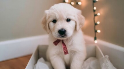 A fluffy puppy gazes innocently, nestled in holiday box, evoking Yuletide joy and National Pet Day warmth