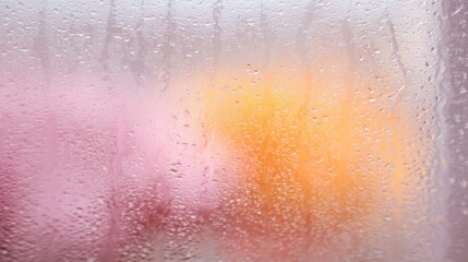 Fototapeta premium Raindrop-speckled window blurs a dreamy sunset reminiscent of Yule warmth, inviting contemplative hygge and rainy day musings