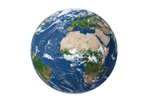 Highly detailed, hyper-realistic 3D rendering of planet earth with africa and europe, vibrant blue oceans, wispy clouds, isolated on a transparent background, slightly high-angle shot, clean studio