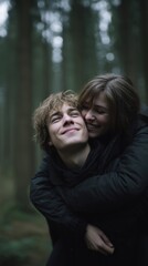 Obraz premium Joyous embrace in misty woodland symbolizes wild love, whimsical adventure, perfect for Forest Bathing Day, idyllic youth romance