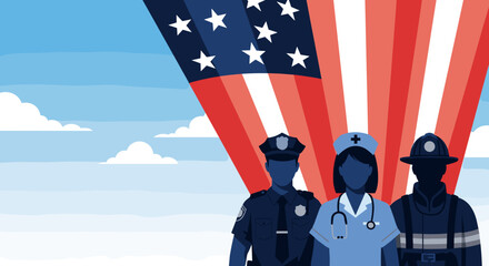 Police officer, nurse, and firefighter salute under patriotic flag for Patriot Day