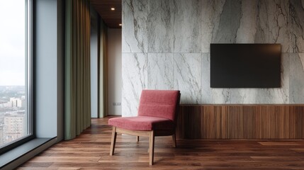 Luxurious minimalist lounge with cherry-red chair whispers of Zen tranquility, ideal for Hygge, World Interior Design Day inspiration