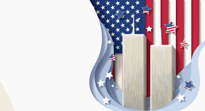 Patriot Day backdrop with American flag and towers with copy space
