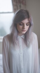 Pastel-haired Caucasian woman gazes pensively, capturing ethereal melancholy of Singles Day, juxtaposed with contemplative vignette of solitude