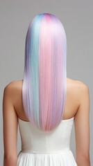 Obraz premium Smooth pastel rainbow hair cascading down a Caucasian woman's back, evoking Holi festival vibrance and creativity's whisper