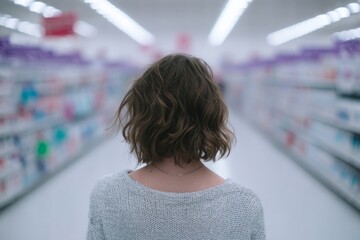 Serene journey of a young Caucasian woman in a labyrinthine supermarket, exploring the quiet mystery of National Recycle Week