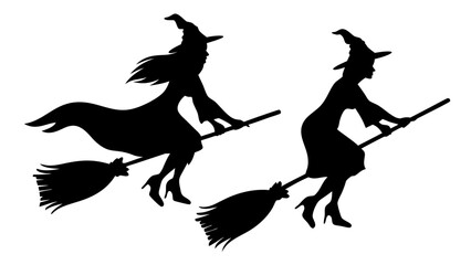 Set Of Flying Witch Silhouettes on Broomsticks