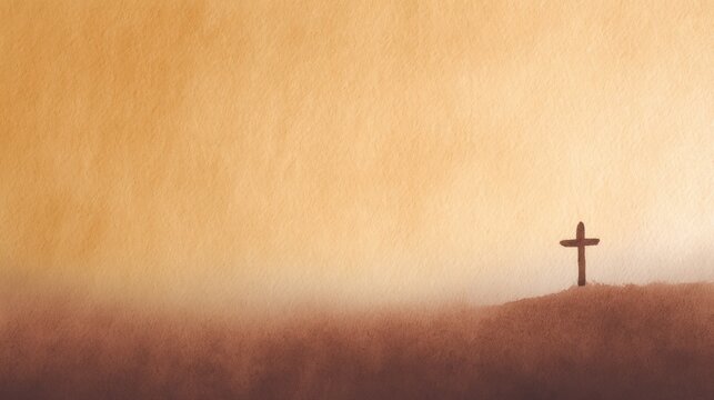 Ancient cross silhouetted against dusky watercolor sky, evoking All Souls' Day reflections and enchanted Lenten landscapes