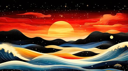 Vibrant Sunset Sky with Abstract Waves and Stars - Modern PPT Background Featuring Blank Space for Text