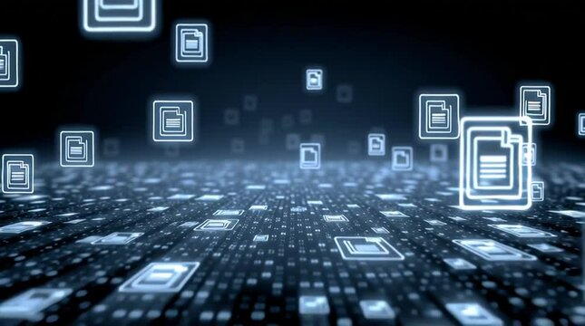 Digital file icons float above a futuristic, illuminated surface, representing cloud storage, data management, and advanced technology in a modern, virtual environment.