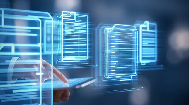 A businessperson uses a tablet to interact with glowing digital file icons floating in the air. The image symbolizes digital document management, cloud storage, and modern business technology.