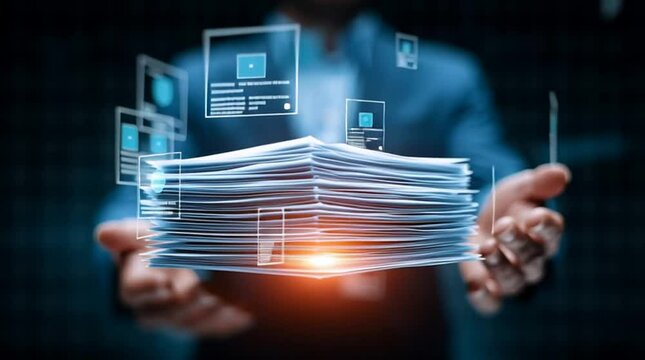 A businessperson in a suit holds a large, glowing stack of documents. The image symbolizes paperwork, document management, and workflow in a modern office or business environment.