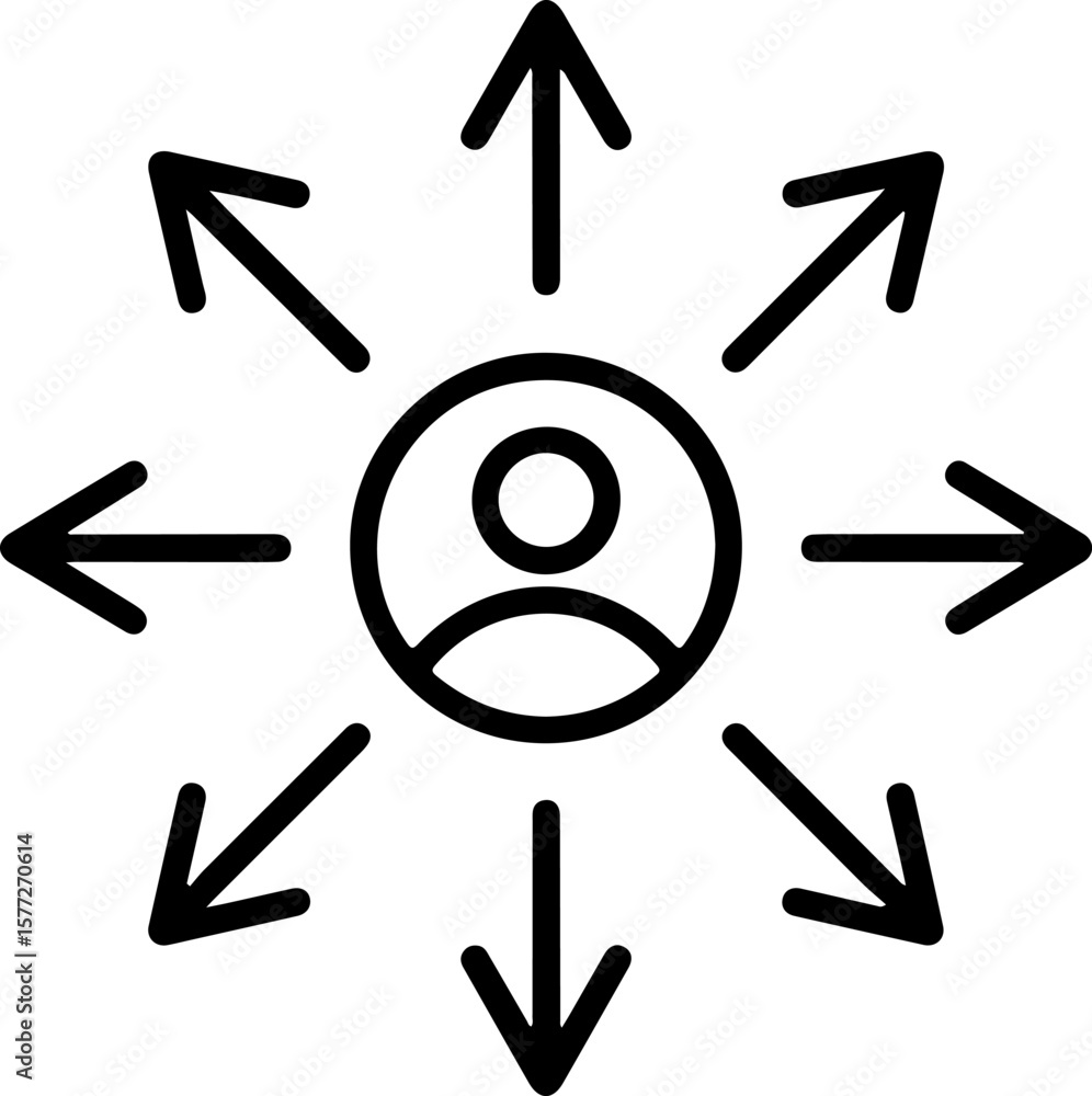 Poster person icon with multiple arrows pointing outwards in different directions