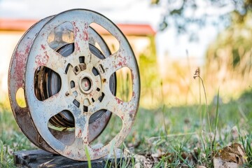 Vintage Film Reel, Rusty Metal, Outdoors, Grass, Retro Technology, Analog, Nostalgia, History, Preservation, Classic