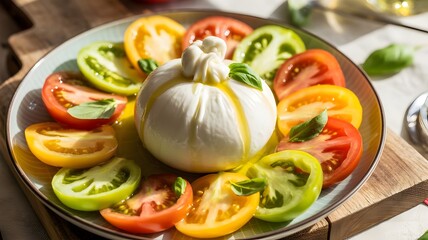 Creamy burrata with heirloom tomatoes and fresh basil